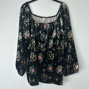 Cato Top Size 18/20w Velvet Black Floral Bishop Sleeve Babydoll Dark Romantic‎
